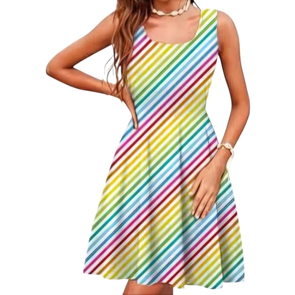 Colorful Diagonal Striped Fit Flare Dress Women's Size XL  Classic Dainty Summer - Picture 11 of 11